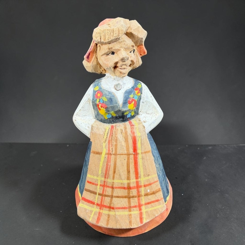 Vintage Hand Carved Wood Norwegian Woman Figurine Folk Art Painted 4.5 Inch